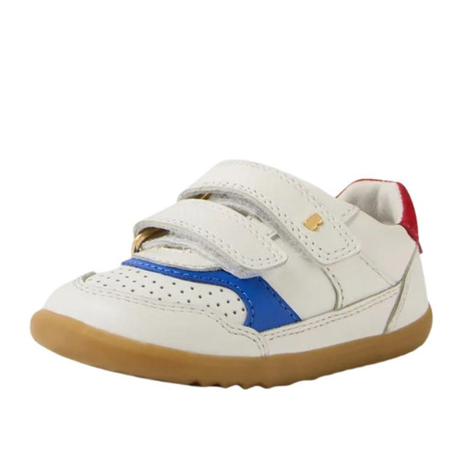 The Bobux IW Iwalk Hunter Leather Sneaker White Salsa is a white kids' Quickdry leather sneaker with a tan rubber sole, blue side accent, red heel detail, and two adjustable straps on top., 9420074834232, 9420074834249, 9420074834256, 9420074834263, 9420074834270