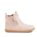 The Bobux IW Iwalk Jodhpur Leather Boot in Cameo Rose Pink is a podiatrist-endorsed kids’ ankle boot featuring light pink leather, tan elastic side panel, brown sole, pull tabs, and visible stitching., 9420068539617, 9420068539624, 9420068539631, 9420068539648, 9420068539655