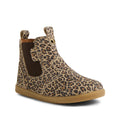 The Bobux IW Iwalk Jodhpur Leather Boot Leopard Shimmer is a podiatrist-endorsed kids' ankle boot featuring a tan and brown leopard print, brown elastic side panels, pull tab, and a flat light brown rubber sole., 9420074802415, 9420074802422, 9420074802439, 9420074802446, 9420074802453