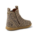 The Bobux IW Iwalk Jodhpur Leather Boot Leopard Shimmer is an ankle-high children's boot featuring a leopard print, side zipper, pull tab, and brown rubber sole—perfect stylish boots for adventurous toddlers., 9420074802415, 9420074802422, 9420074802439, 9420074802446, 9420074802453