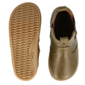 The Bobux Iwalk Jodhpur Ankle Boots Olive Toffee for kids feature an olive green leather upper with a rounded toe, side zipper, and a tan rubber sole with a wavy, textured grip pattern shown from top and bottom views., 9420075795655, 9420075796331, 9420075796607, 9420075796546, 9420075796591