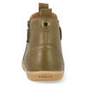 Bobux Iwalk Jodhpur Ankle Boots Olive Toffee for kids, shown from the back with a pull tab, visible stitching, side zipper, and tan rubber sole embossed with the BOBUX logo., 9420075795655, 9420075796331, 9420075796607, 9420075796546, 9420075796591