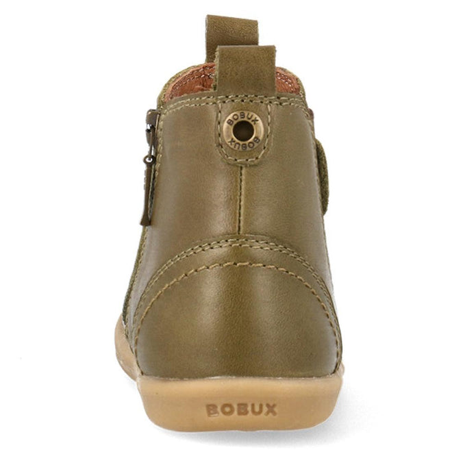 Bobux Iwalk Jodhpur Ankle Boots Olive Toffee for kids, shown from the back with a pull tab, visible stitching, side zipper, and tan rubber sole embossed with the BOBUX logo., 9420075795655, 9420075796331, 9420075796607, 9420075796546, 9420075796591