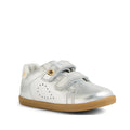The Bobux IW Iwalk Maverick Leather Sneaker in Silver is a toddler shoe with adjustable Velcro straps, breathable leather, a heart-shaped perforation on the side, and a light brown rubber sole., 9420074836472, 9420074836489, 9420074836496, 9420074836502, 9420074836519