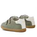 The Bobux IW Iwalk Maverick Leather Sneaker in Vetiver Green features a sage green and white leather design, tan rubber soles, adjustable Velcro straps, perforated detailing for breathability, and gold BOBUX branding on the heel for kids., 9420074836427, 9420074836434, 9420074836441, 9420074836458, 9420074836465