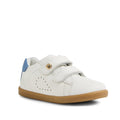 The Bobux IW Iwalk Maverick Leather Sneaker in White Coronet Blue features two Velcro straps, a tan rubber sole, a blue heel accent, and heart-shaped breathable perforations on the side., 9420074836588, 9420074836595, 9420074836601, 9420074836618