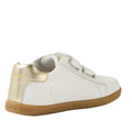 The Bobux IW Iwalk Maverick Leather Sneaker in White Gold is a kids’ leather sneaker with a tan rubber sole, gold metallic heel detail, gold eyelets, and BOBUX embossed in gold on the heel and sole., 9420074836533, 9420074836540, 9420074836557, 9420074836564