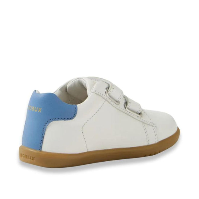 The Bobux IW Iwalk Maverick Leather Sneaker in White Coronet Blue is a kids' shoe with a light brown sole, blue heel accent, gold BOBUX branding, two adjustable straps, and breathable angled leather showing the side and back., 9420074836588, 9420074836595, 9420074836601, 9420074836618