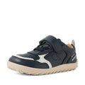The Bobux IW Iwalk Neo Toddlers Leather Sneaker Navy Barefoot is a navy blue and white toddler leather sneaker with a beige sole, Velcro strap, decorative stitching, and a zero drop sole for natural foot movement, shown on a white background., 9420074854759, 9420074854766, 9420074854773, 9420074854780