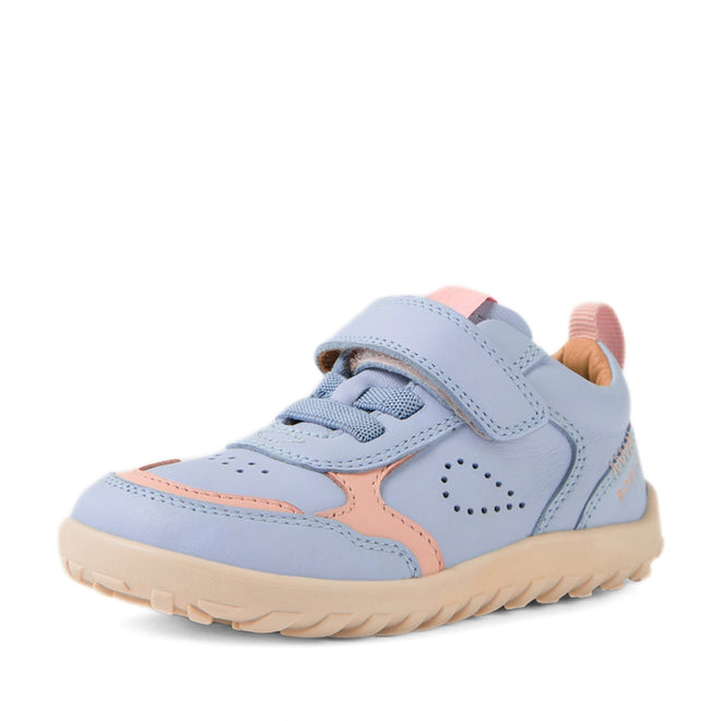 The Bobux IW Iwalk Neo Toddlers Leather Sneaker in Skyway Blue features a light blue leather upper with peach-colored sole and accents. Designed for growing feet, these barefoot sneakers have a zero drop sole that promotes natural movement, along with a convenient Velcro strap and elastic laces. The shoe includes perforated detailing and is pictured from the front left angle., 9420074854711, 9420074854728, 9420074854735, 9420074854742