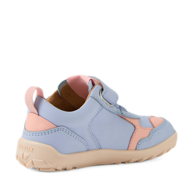The Bobux IW Iwalk Neo Toddlers Leather Sneaker in Skyway Blue Barefoot features light blue and pink leather, a beige rubber zero-drop sole, a rounded toe, and an easy hook-and-loop strap closure. Designed for toddlers with a low-cut ankle silhouette, the shoe is shown facing slightly left., 9420074854711, 9420074854728, 9420074854735, 9420074854742