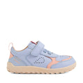 The Bobux IW Iwalk Neo Toddlers Leather Sneaker in Skyway Blue features a barefoot-inspired design with a light blue leather upper, peach accents, beige sole, perforated side detail, and a rounded toe. It offers a single hook-and-loop strap closure and a textured outsole for added grip—perfect for toddlers., 9420074854711, 9420074854728, 9420074854735, 9420074854742