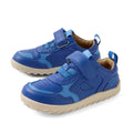 The Bobux IW Iwalk Neo Toddlers Leather Sneaker in Dazzling Blue features a barefoot-shaped toebox, light beige zero-drop soles for natural movement, Velcro straps, decorative stitching, and perforated details for added style and comfort.