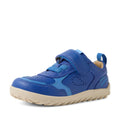 The Bobux IW Iwalk Neo Toddlers Leather Sneaker in Dazzling Blue Barefoot is a children’s leather sneaker featuring a barefoot-shaped toe box, beige zero-drop sole, blue stitching, Velcro strap, and light blue accents. The shoe is shown at an angle on a white background., 9420074854551, 9420074854568, 9420074854575, 9420074854582