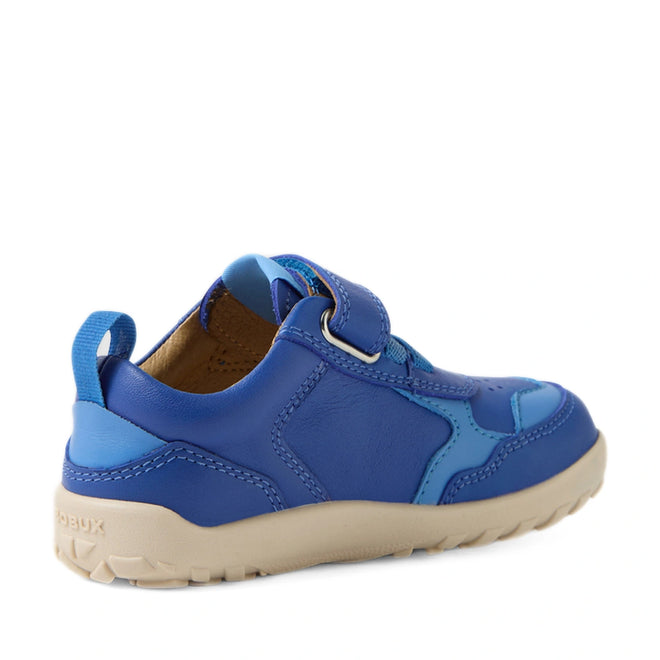 The Bobux IW Iwalk Neo Toddlers Leather Sneaker in Dazzling Blue is shown from the side against a white background, featuring a barefoot-shaped toebox, beige zero drop sole, velcro strap, leather upper, and pull tab at the heel., 9420074854551, 9420074854568, 9420074854575, 9420074854582