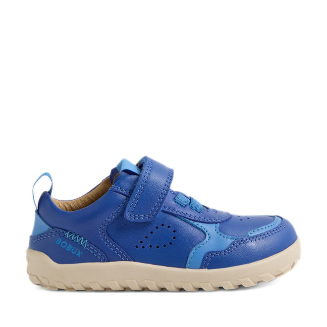 Bobux IW Iwalk Neo Toddlers Leather Sneaker Dazzling Blue Barefoot features dazzling blue leather with a beige sole, velcro strap, and perforated accents. Designed with a barefoot-shaped toebox and zero-drop sole for natural foot movement, these sporty-casual sneakers showcase the BOBUX logo on the side., 9420074854551, 9420074854568, 9420074854575, 9420074854582