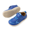 Two Bobux IW Iwalk Neo Toddlers Leather Sneaker Dazzling Blue Barefoot shoes are shown: one stands upright displaying the top and side, while the other is sideways revealing the textured white rubber sole. Both sneakers feature Velcro straps, blue laces, and a barefoot-shaped toebox for comfortable movement., 9420074854551, 9420074854568, 9420074854575, 9420074854582