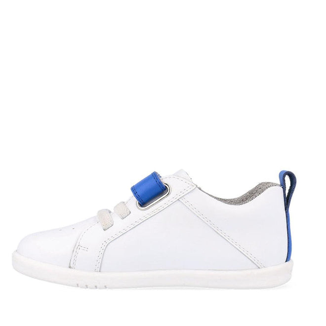 The Bobux Kids IWalk IW Pace Sneaker White Blue 650401 features white laces, a blue Velcro strap, and a blue pull tab—shown side view on white background. Perfect unisex Velcro shoes for everyday wear., 9420075780583, 9420075779693, 9420075774582, 9420075781474, 9420075775077
