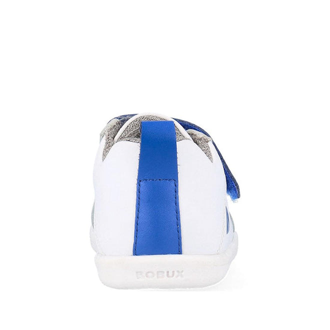 The Bobux Kids IWalk IW Pace Sneaker White Blue 650401 is a unisex leather sneaker for kids with grey accents, a blue stripe on the heel, velcro closure, white sole, and embossed BOBUX branding, shown from the back on a white background., 9420075780583, 9420075779693, 9420075774582, 9420075781474, 9420075775077