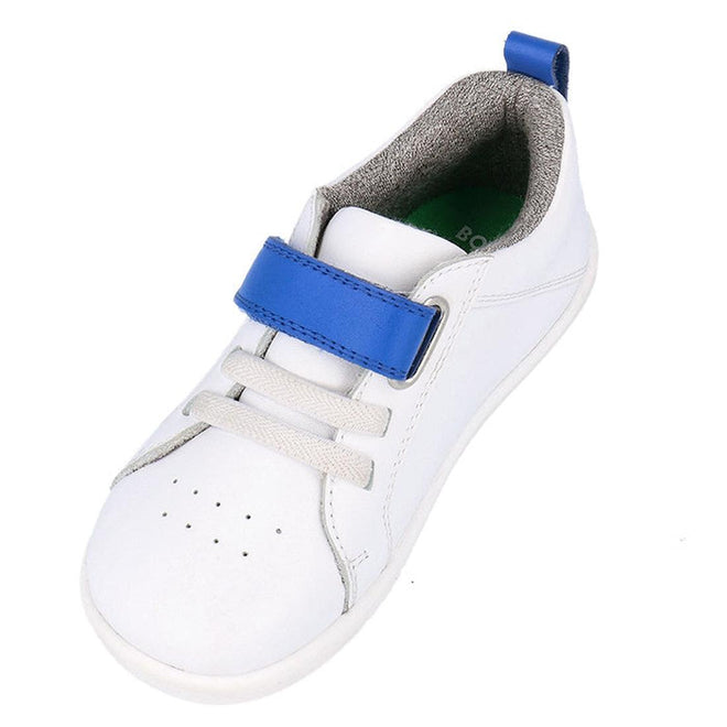 The Bobux Kids IWalk IW Pace Sneaker White Blue 650401 features a white leather design, white laces, bright blue unisex velcro strap, blue heel pull tab, rounded toe, and gray inner lining—ideal for active kids., 9420075780583, 9420075779693, 9420075774582, 9420075781474, 9420075775077