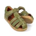 a pair of Bobux IWalk Roam Sandal Sea Kelp Green Closed Toe 626028- closed toe sandals with closed back for heel support. velcro around the heel and straps of leather over the toes so air can move freely around the toes.