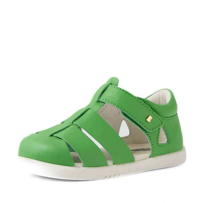 A pair of Bobux IWalk Tidal Sandal Retro Green Closed Toe Toddlers sandals—featuring a closed toe, cutout sides, and a white sole—are water-friendly leather shoes made for active little feet, shown here in green on a white background., 9420074807700, 9420074807717, 9420074807724, 9420074807731, 9420074807748