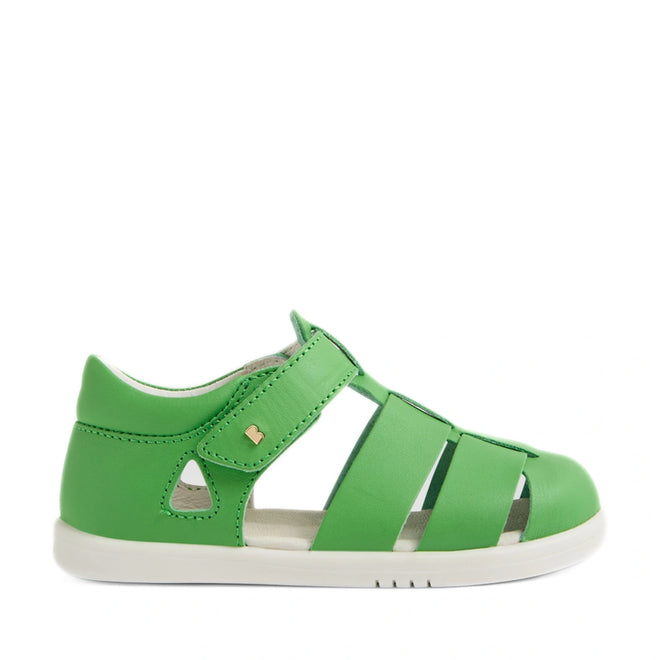 A green closed-toe toddler sandal with cutout sides, a white sole, and a top strap, the Bobux IWalk Tidal Sandal Retro Green Closed Toe Toddlers is crafted from water-friendly leather—ideal for active kids on the go., 9420074807700, 9420074807717, 9420074807724, 9420074807731, 9420074807748