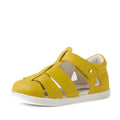 The Bobux IWalk Tidal Sandal Mango Mint Closed Toe Toddlers features a vibrant yellow leather upper with open sides, a protective closed toe, and a white rubber sole. Displayed against a white background, these water-friendly sandals are perfect for active little feet, combining classic closed-toe protection with everyday comfort., 9420074807908, 9420074807915, 9420074807922, 9420074807939, 9420074807946