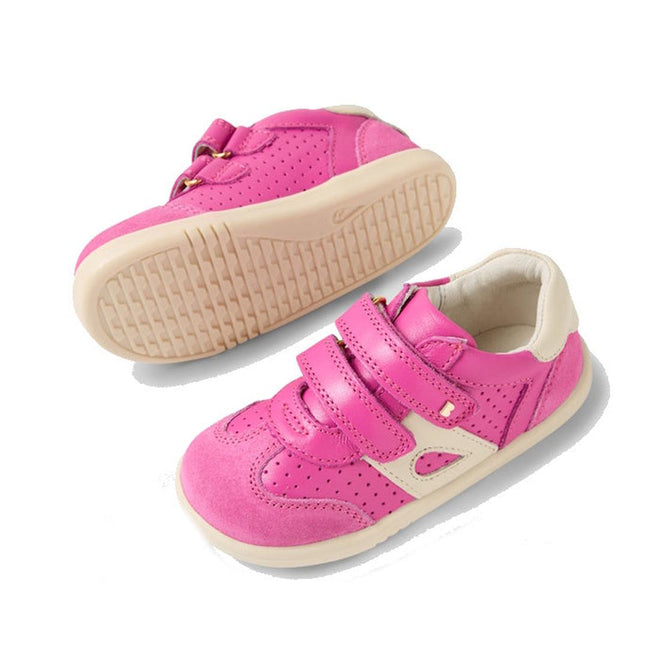 Two Bobux IW Iwalk Titan Leather Sneakers in White Rose Violet Pink are shown on a white background. One displays the top and side, the other the textured sole. Features white soles, Velcro straps, and comes in various sizes and colors., 9420074854506, 9420074854513, 9420074854520, 9420074854537, 9420074854544