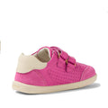 The Bobux IW Iwalk Titan Leather Sneaker in White Rose Violet Pink is a toddler shoe with a beige sole, perforated details, and two velcro straps. Displayed on a white background, it's available in various colours and sizes., 9420074854506, 9420074854513, 9420074854520, 9420074854537, 9420074854544