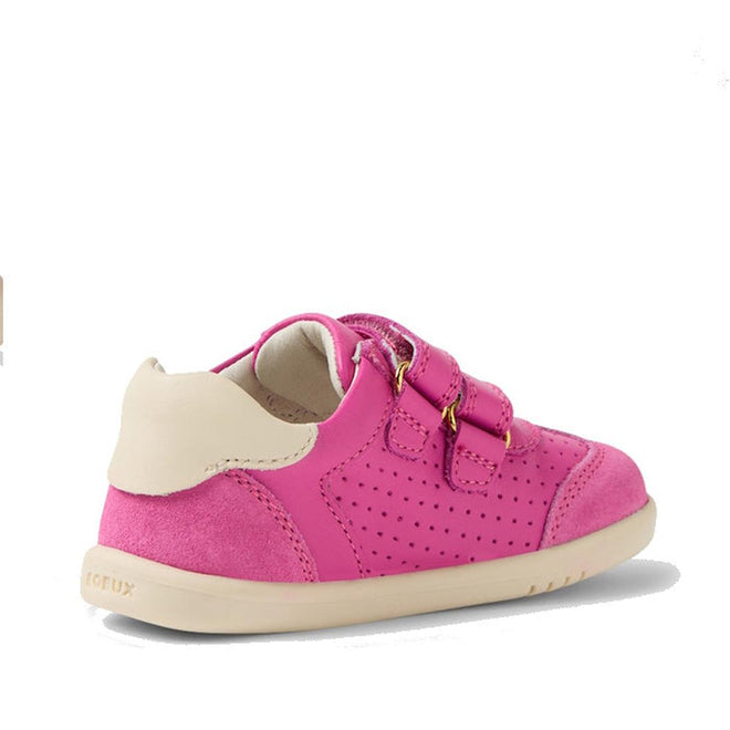 The Bobux IW Iwalk Titan Leather Sneaker in White Rose Violet Pink is a toddler shoe with a beige sole, perforated details, and two velcro straps. Displayed on a white background, it's available in various colours and sizes., 9420074854506, 9420074854513, 9420074854520, 9420074854537, 9420074854544