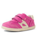 The Bobux IW Iwalk Titan Leather Sneaker White Rose Violet Pink for kids features two Velcro straps, perforated detail, and a beige rubber sole. Available in multiple sizes., 9420074854506, 9420074854513, 9420074854520, 9420074854537, 9420074854544
