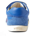 Rear view of the Bobux IW Iwalk Champ Sneaker Olympian Blue, featuring blue leather, adjustable hook-and-loop straps, suede heel, white cushioned interior, and "BOBUX" embossed on the white rubber sole., 9420068552593, 9420068552609, 9420068552616, 9420068552623, 9420068552630
