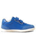 The Bobux IW Iwalk Champ Sneaker in Olympian Blue is a toddler shoe with adjustable hook-and-loop straps, suede toe and heel accents, and a white sole, shown in side profile against a white background., 9420068552593, 9420068552609, 9420068552616, 9420068552623, 9420068552630