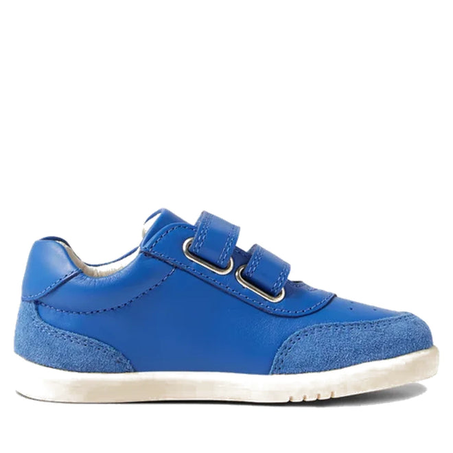 The Bobux IW Iwalk Champ Sneaker in Olympian Blue is a toddler shoe with adjustable hook-and-loop straps, suede toe and heel accents, and a white sole, shown in side profile against a white background., 9420068552593, 9420068552609, 9420068552616, 9420068552623, 9420068552630