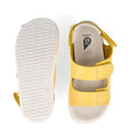 A pair of Bobux Iwalk IW Quick Dry Topia Sandal 651304 Pineapple, size 23 EU for toddlers—one shown from below to display the tread, the other from above highlighting adjustable Velcro straps and a soft insole., 9420075776302, 9420075782150, 9420075780248, 9420075779037, 9420075781665