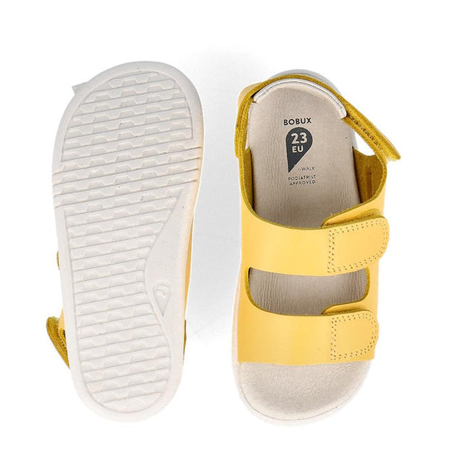 A pair of Bobux Iwalk IW Quick Dry Topia Sandal 651304 Pineapple, size 23 EU for toddlers—one shown from below to display the tread, the other from above highlighting adjustable Velcro straps and a soft insole., 9420075776302, 9420075782150, 9420075780248, 9420075779037, 9420075781665
