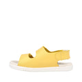 The Bobux Iwalk IW Quick Dry Topia Sandal 651304 Pineapple is a yellow children’s sandal with a white sole, side cutouts, and adjustable back straps. Made of leather, it’s shown on a plain white background., 9420075776302, 9420075782150, 9420075780248, 9420075779037, 9420075781665