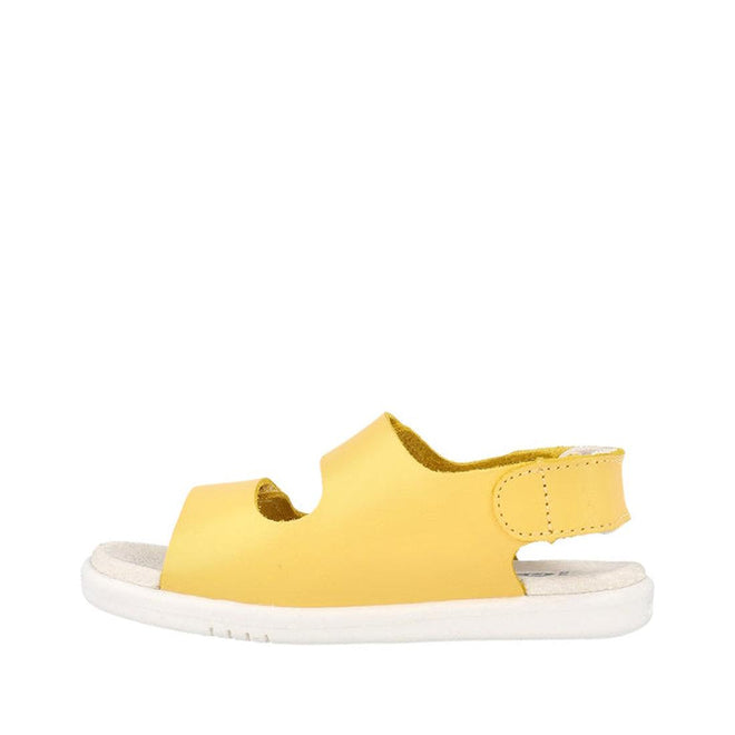 The Bobux Iwalk IW Quick Dry Topia Sandal 651304 Pineapple is a yellow children’s sandal with a white sole, side cutouts, and adjustable back straps. Made of leather, it’s shown on a plain white background., 9420075776302, 9420075782150, 9420075780248, 9420075779037, 9420075781665
