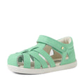 A Bobux Iwalk IW Tropicana II Jelly Mint Green Leather Sandal for children, featuring a closed toe, cut-out sides, a small gold stud detail, and a Velcro strap, displayed against a white background. Ideal for little feet, these stylish toddler leather sandals blend comfort with playful design., 9420074810038, 9420074810045, 9420074810052, 9420074810069, 9420074810076