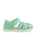 The Bobux Iwalk IW Tropicana II Jelly Mint Green Leather Sandal is a stylish toddler shoe featuring chic cutouts, a closed heel, an adjustable Velcro strap, and a white rubber sole, shown against a white background., 9420074810038, 9420074810045, 9420074810052, 9420074810069, 9420074810076