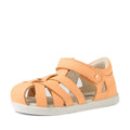 A light orange Bobux Iwalk IW Tropicana II Peach Jelly Leather Sandal for children, featuring an open-toe design with multiple straps and a secure Velcro closure, crafted for toddlers who seek comfort and style. Displayed on a white background.