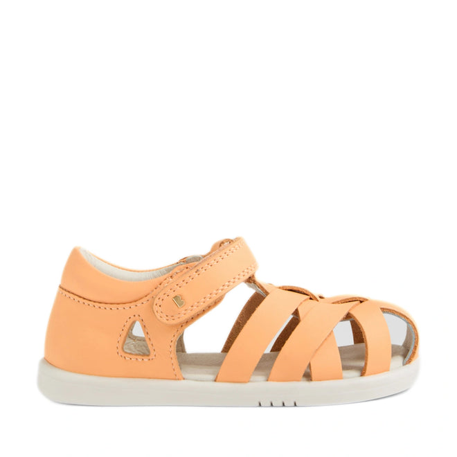 A Bobux Iwalk IW Tropicana II Peach Jelly Leather Sandal for toddlers, featuring a peach hue, closed heel, open toe with multiple straps for closed-toe protection, a hook-and-loop closure, and a white sole., 9420074810083, 9420074810090, 9420074810106, 9420074810113, 9420074810120