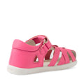 The Bobux Iwalk IW Tropicana II Pink Lemonade Leather Sandal features multiple straps, a closed heel, and a white sole. Crafted from durable leather with a side buckle and cut-out details, these stylish closed-toe sandals are shown from the back angle., 9420074810205, 9420074810212, 9420074810229, 9420074810236, 9420074810243