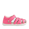 Introducing the Bobux Iwalk IW Tropicana II Pink Lemonade Leather Sandal, a vibrant pink children’s sandal from the Bobux collection. This style features multiple leather straps, a closed heel, open toe design, and a white sole. For easy fastening, it includes a Velcro strap across the ankle., 9420074810205, 9420074810212, 9420074810229, 9420074810236, 9420074810243