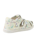The Bobux Iwalk IW Tropicana II White Floral Leather Sandal is a children’s sandal designed with closed-toe protection and a closed heel, showcasing a charming pastel floral and mushroom print, a white sole, and an easy hook-and-loop strap—perfect for little explorers and inspired by the playful style of Bobux Tropicana toddlers., 9420074810304, 9420074810311, 9420074810373, 9420074810380, 9420074810397