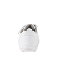 The Bobux - Iwalk Grass Court Sneaker Optical White 640510 is a white leather kids' sneaker seen from the back, featuring an embossed “B” logo on the heel, double velcro straps, gray inner lining, and “BOBUX” embossed on the sole., 9420068518094, 9420075761254, 9420075761278, 9420075761995, 9420075761261
