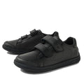 The Bobux Kid+ Jacks Black School Leather Shoe Sneaker is a kids’ school shoe in black leather with two adjustable velcro straps, stitched detailing, a scuff-resistant toe cap, and durable rubber soles, shown on a white background.