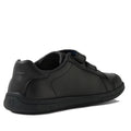 The Bobux Kid+ Jacks Black School Leather Shoe Sneaker is a kids’ low-top leather school shoe with adjustable Velcro straps and a scuff-resistant toe cap, shown from the back left angle on a white background., 9420074842299, 9420074842305, 9420074842312, 9420074842329, 9420074842336, 48400, 48401