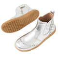 Bobux Kid+ KP Billie 2 II Girls Leather Boot Silver: shiny silver leather kids' boots with tan rubber soles, side zippers, decorative perforations, and a heel pull tab; one boot is upright while the other shows the flexible sole., 9420074867032, 9420074867049, 9420074867056, 9420074867063, 9420074867070